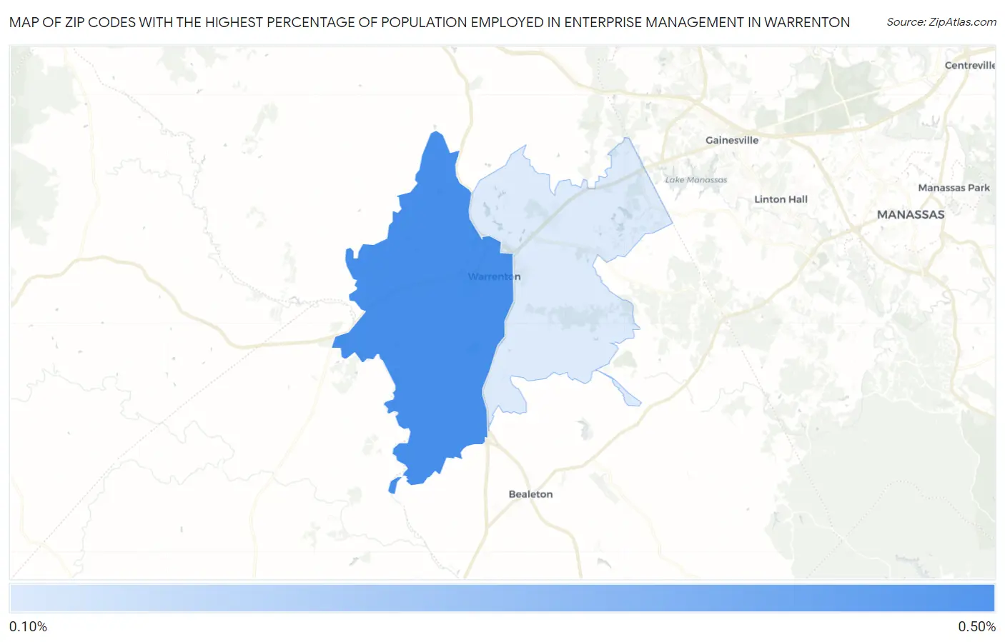 Zip Codes with the Highest Percentage of Population Employed in Enterprise Management in Warrenton Map
