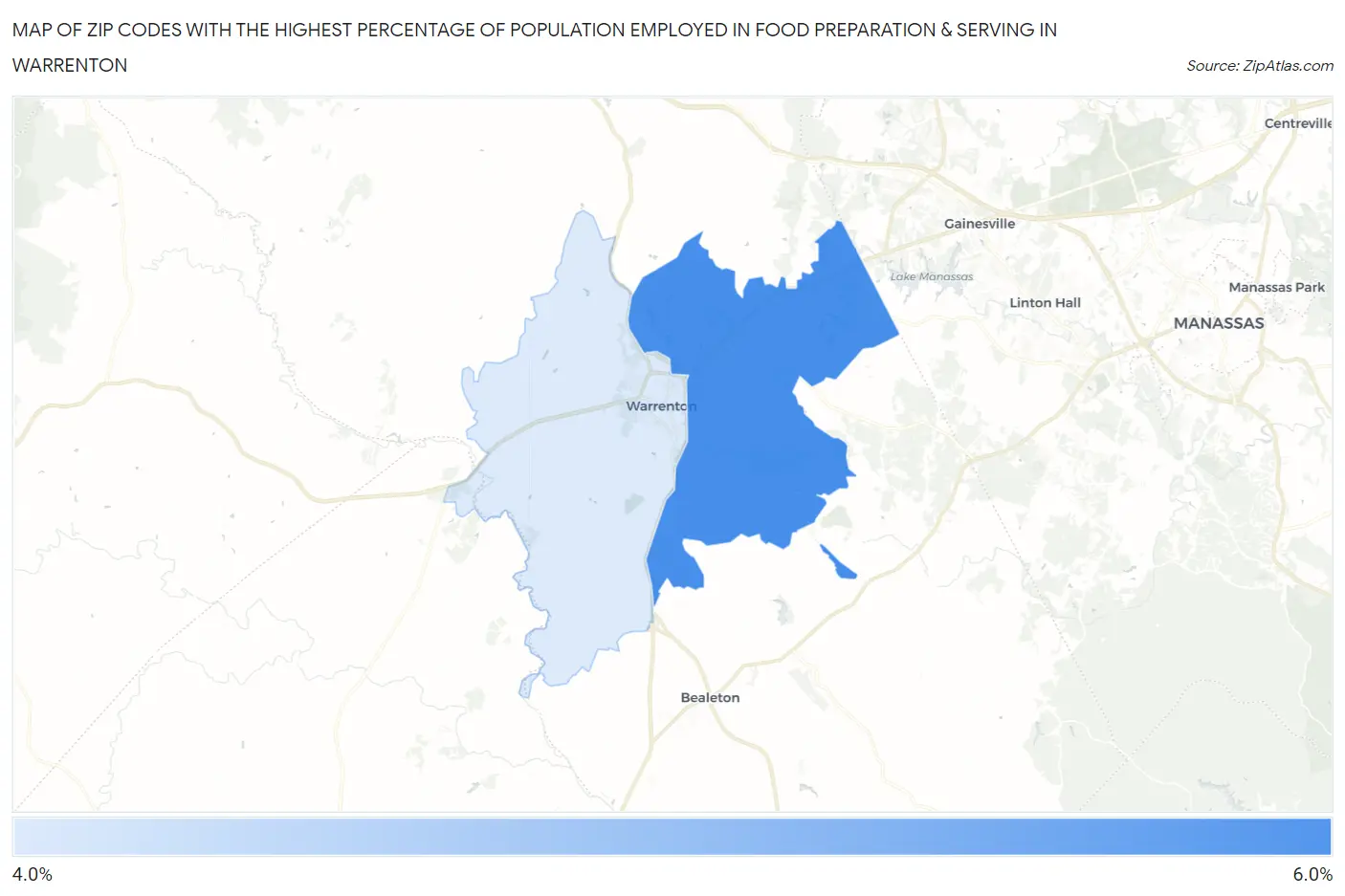 Zip Codes with the Highest Percentage of Population Employed in Food Preparation & Serving in Warrenton Map