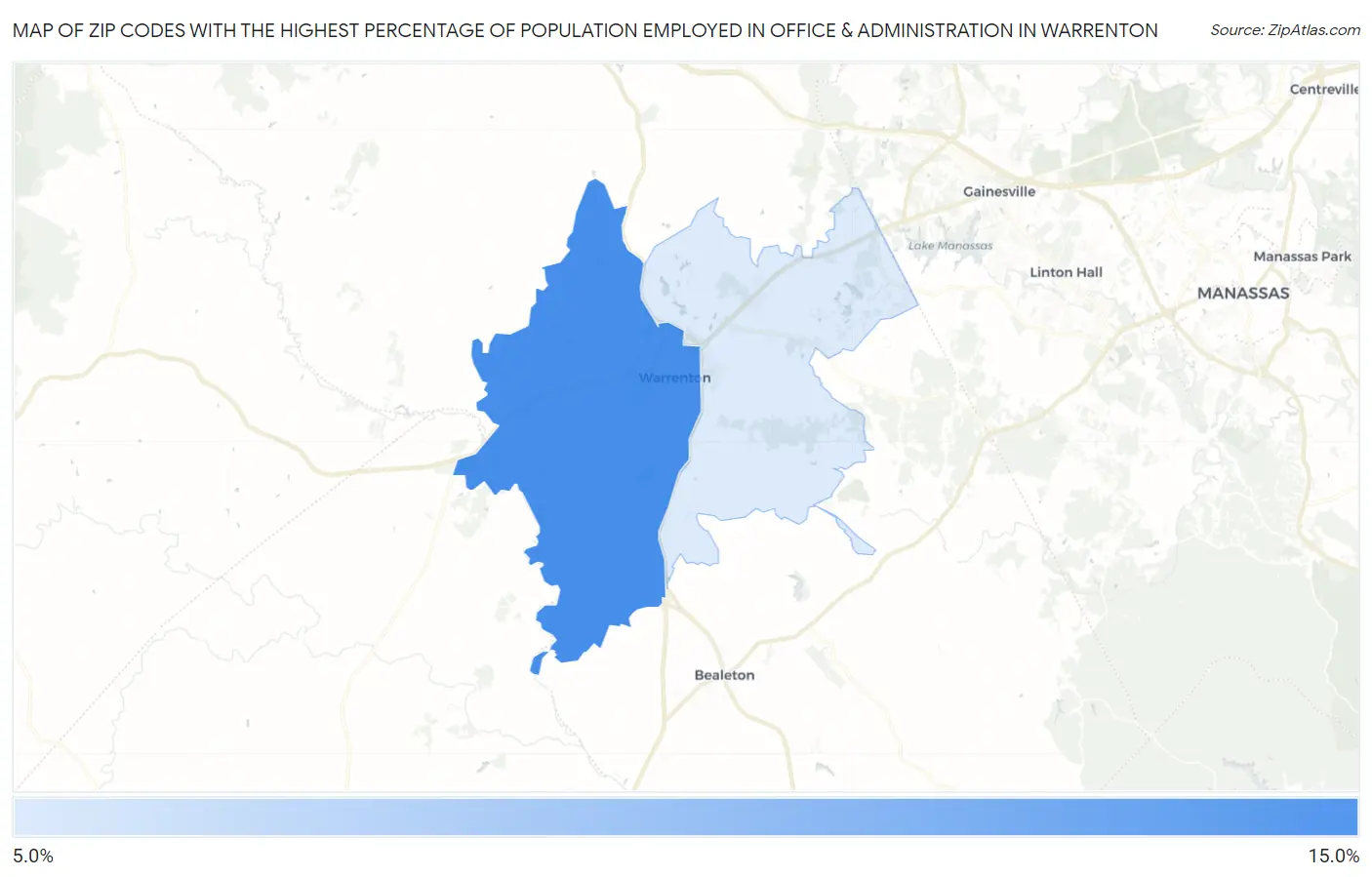 Zip Codes with the Highest Percentage of Population Employed in Office & Administration in Warrenton Map