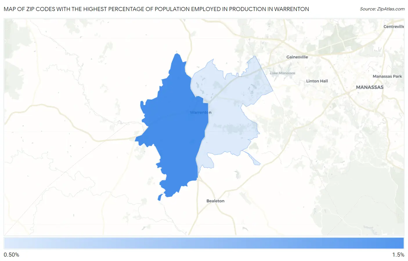 Zip Codes with the Highest Percentage of Population Employed in Production in Warrenton Map
