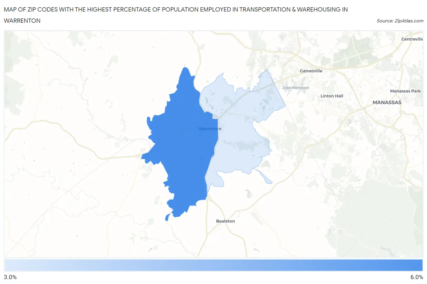 Zip Codes with the Highest Percentage of Population Employed in Transportation & Warehousing in Warrenton Map