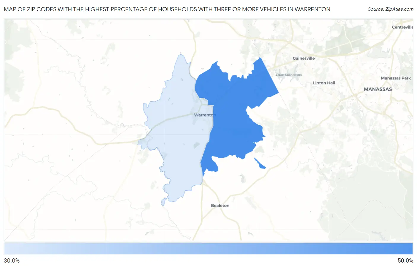 Zip Codes with the Highest Percentage of Households With Three or more Vehicles in Warrenton Map