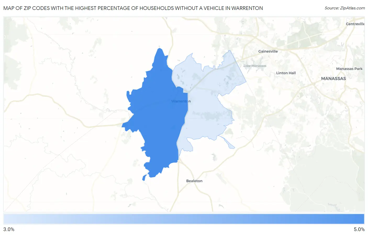 Zip Codes with the Highest Percentage of Households Without a Vehicle in Warrenton Map