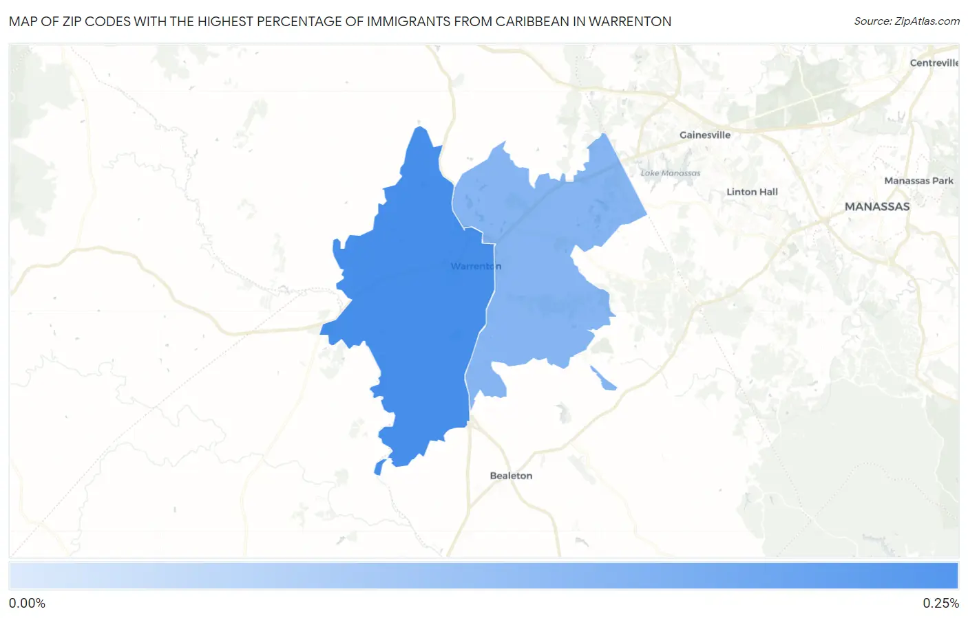 Zip Codes with the Highest Percentage of Immigrants from Caribbean in Warrenton Map
