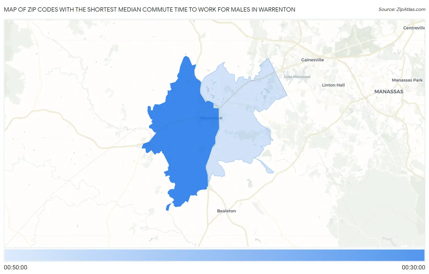 Zip Codes with the Shortest Median Commute Time to Work for Males in Warrenton Map