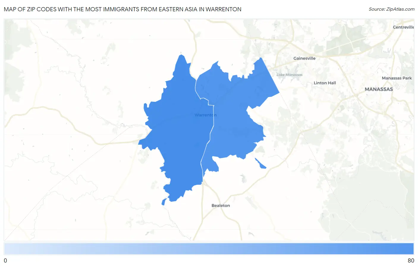 Zip Codes with the Most Immigrants from Eastern Asia in Warrenton Map