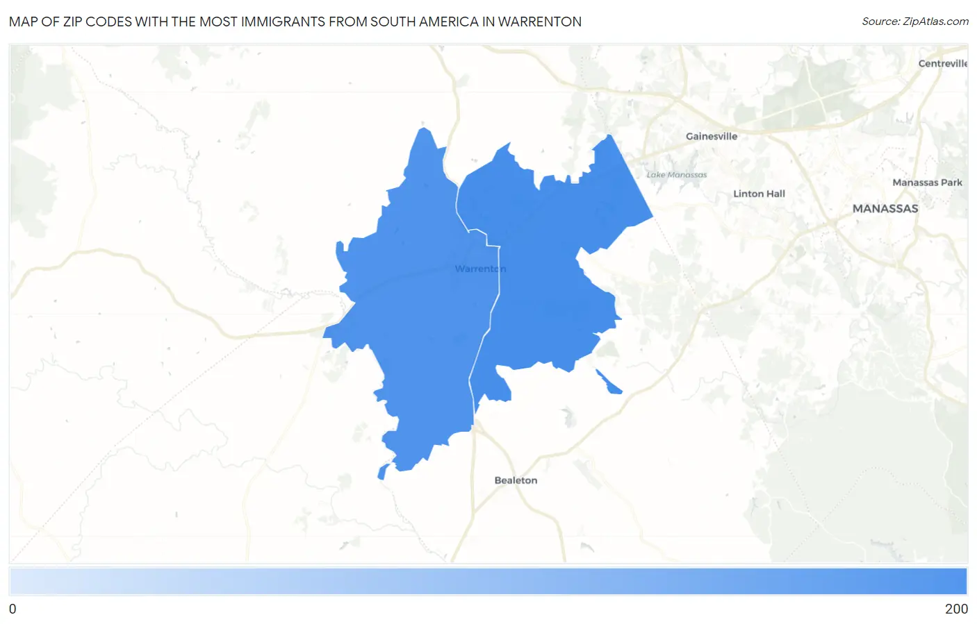 Zip Codes with the Most Immigrants from South America in Warrenton Map