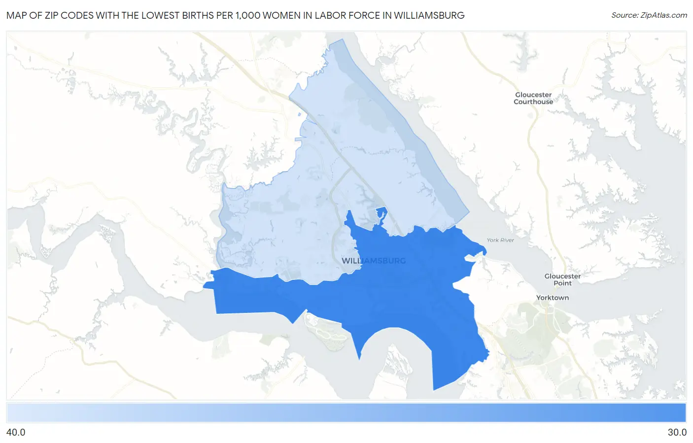 Zip Codes with the Lowest Births per 1,000 Women in Labor Force in Williamsburg Map