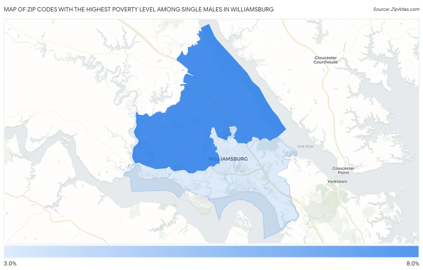 Zip Codes with the Highest Poverty Level Among Single Males in Williamsburg Map