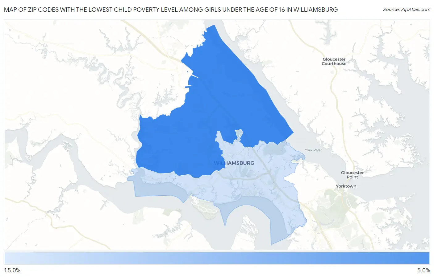Zip Codes with the Lowest Child Poverty Level Among Girls Under the Age of 16 in Williamsburg Map