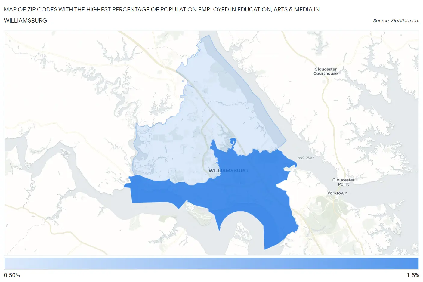 Zip Codes with the Highest Percentage of Population Employed in Education, Arts & Media in Williamsburg Map