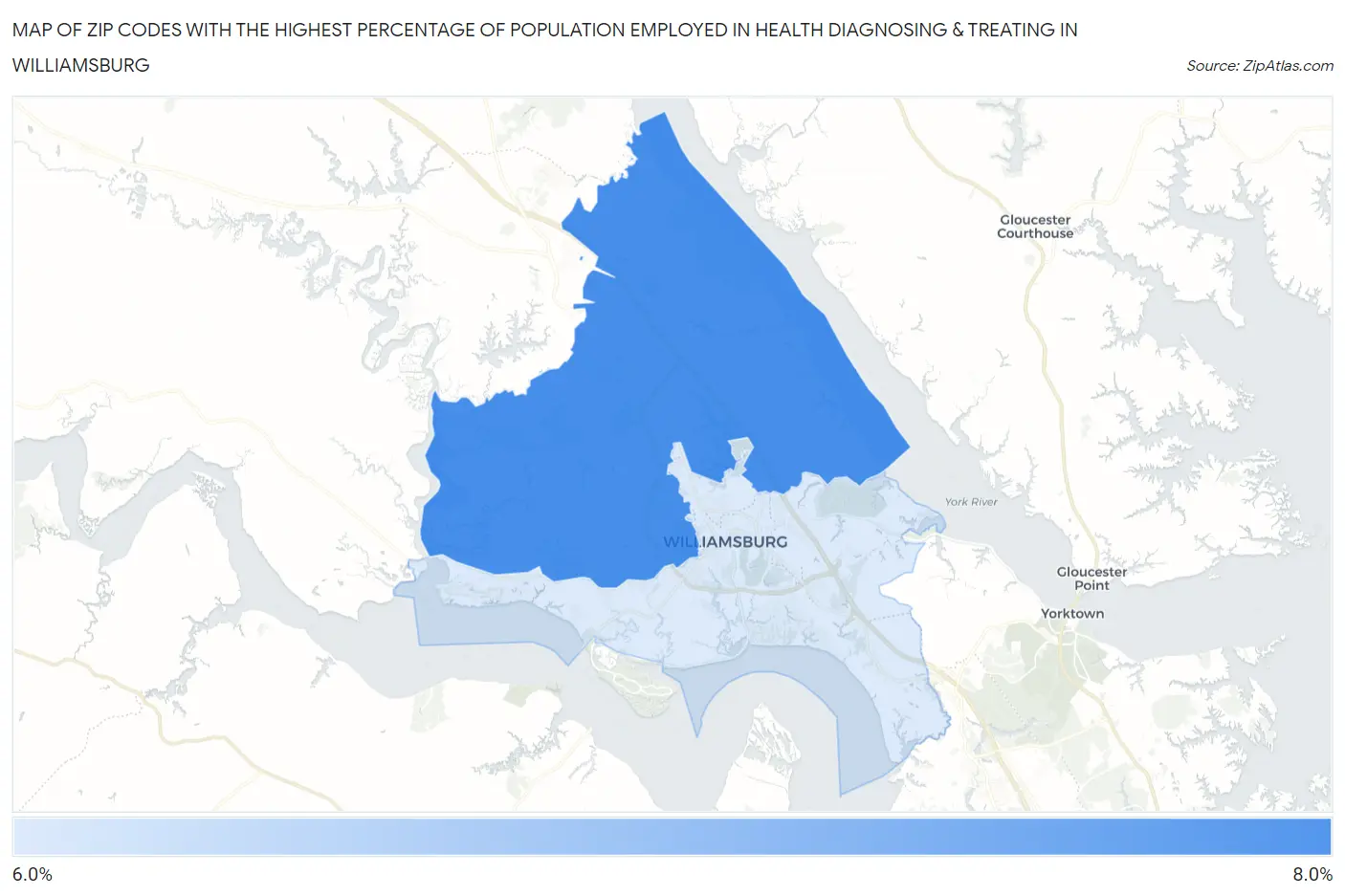 Zip Codes with the Highest Percentage of Population Employed in Health Diagnosing & Treating in Williamsburg Map