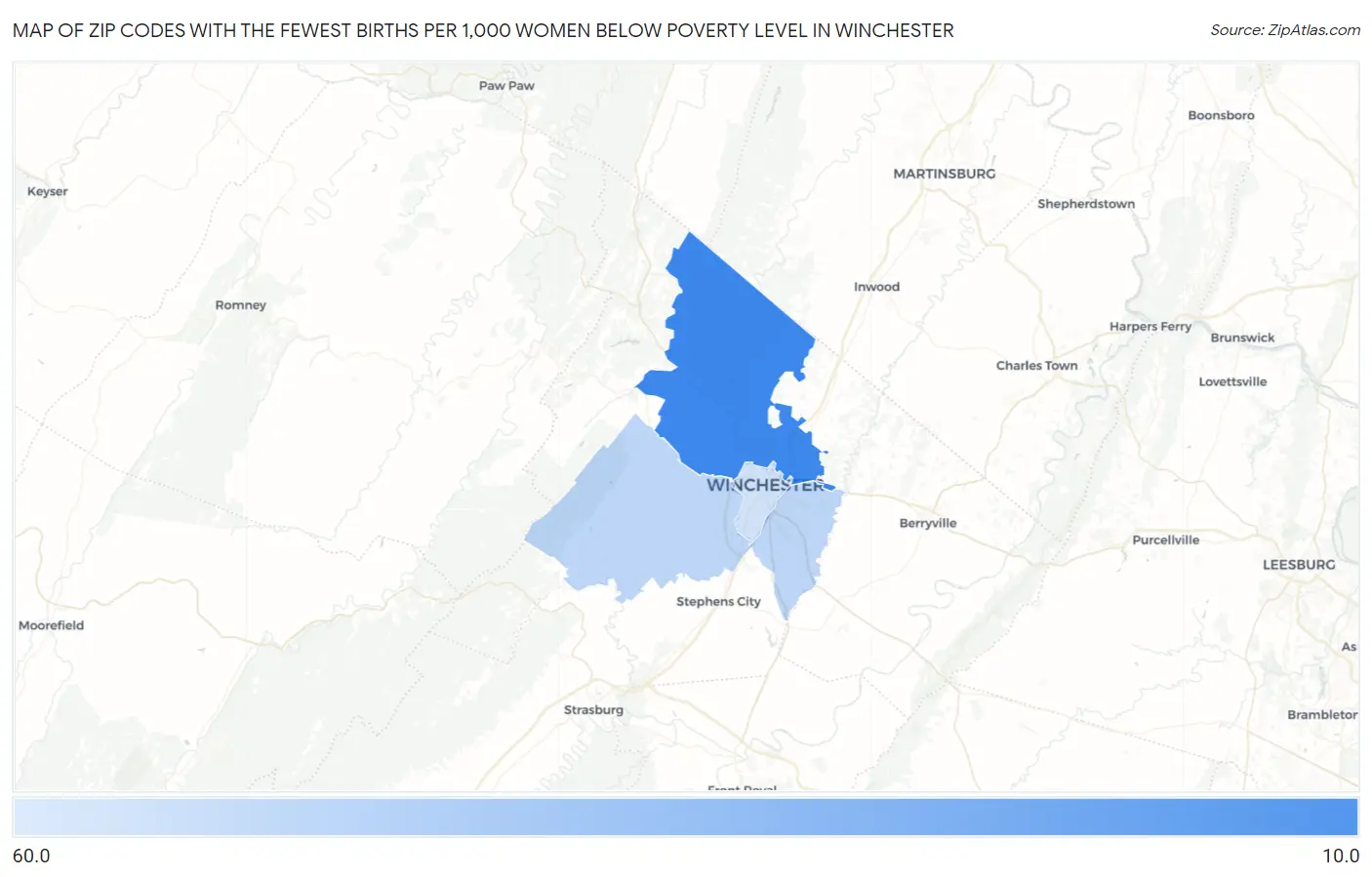 Zip Codes with the Fewest Births per 1,000 Women Below Poverty Level in Winchester Map