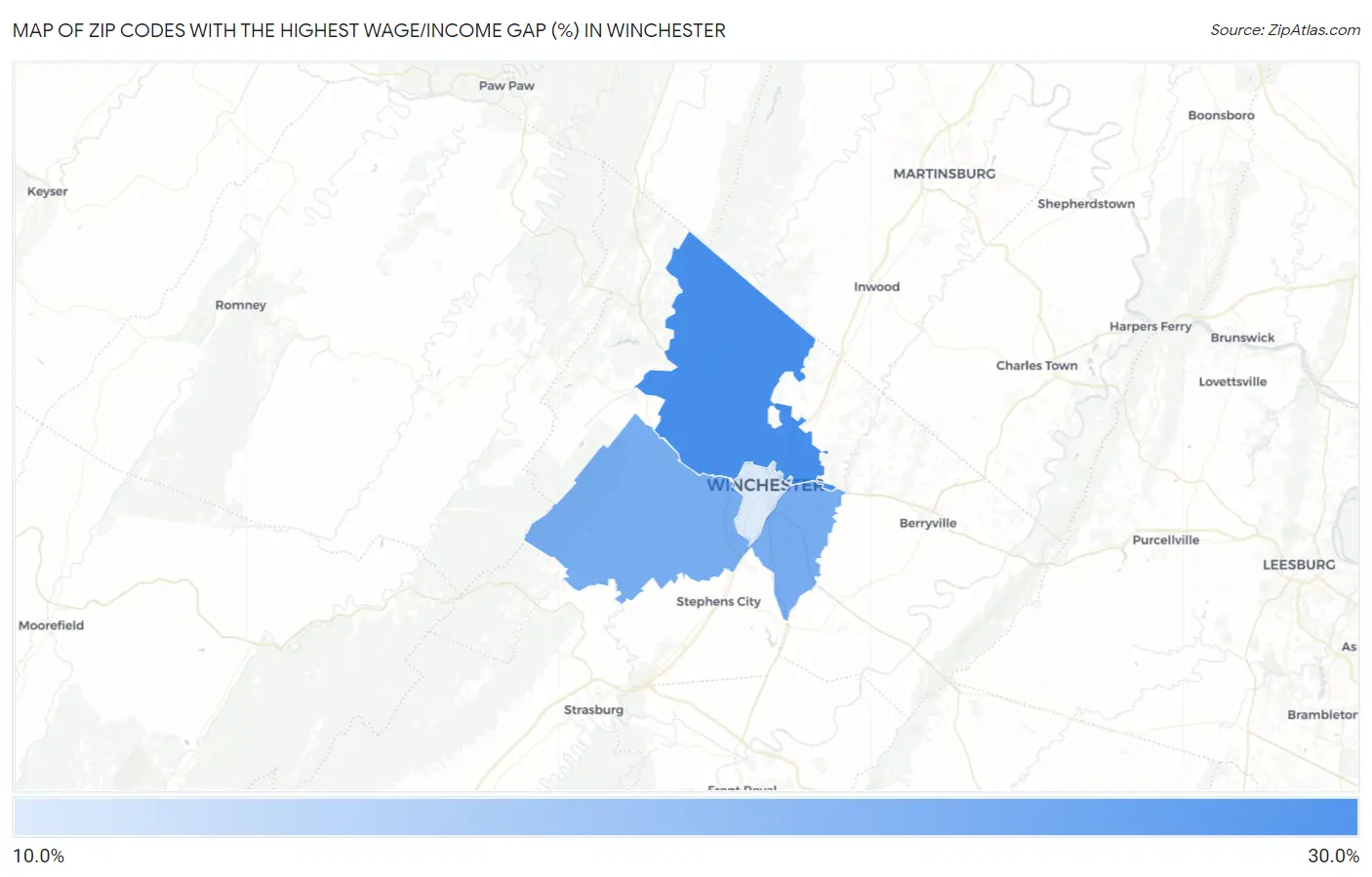 Zip Codes with the Highest Wage/Income Gap (%) in Winchester Map