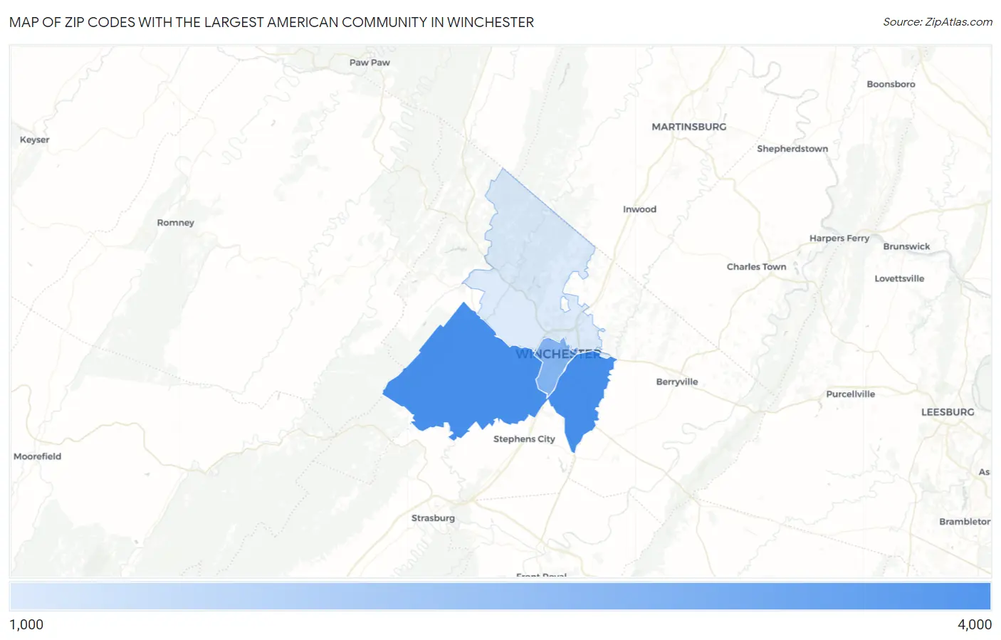 Zip Codes with the Largest American Community in Winchester Map