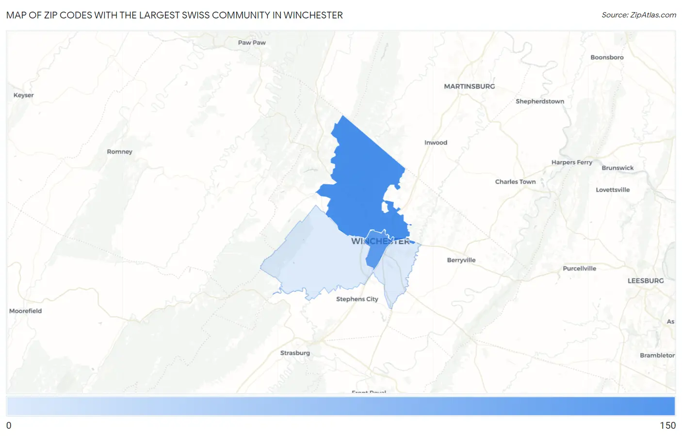 Zip Codes with the Largest Swiss Community in Winchester Map