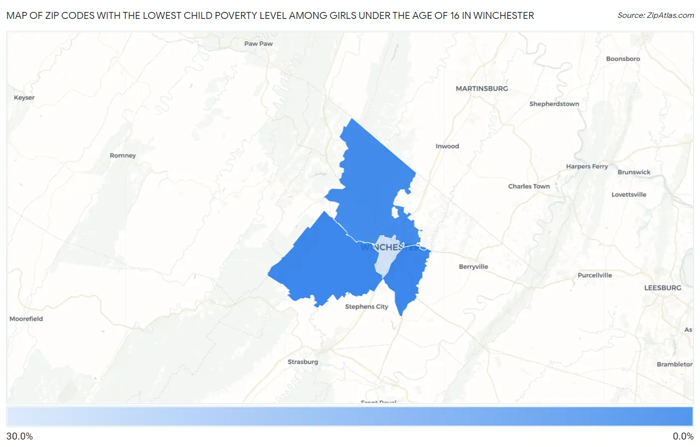 Zip Codes with the Lowest Child Poverty Level Among Girls Under the Age of 16 in Winchester Map