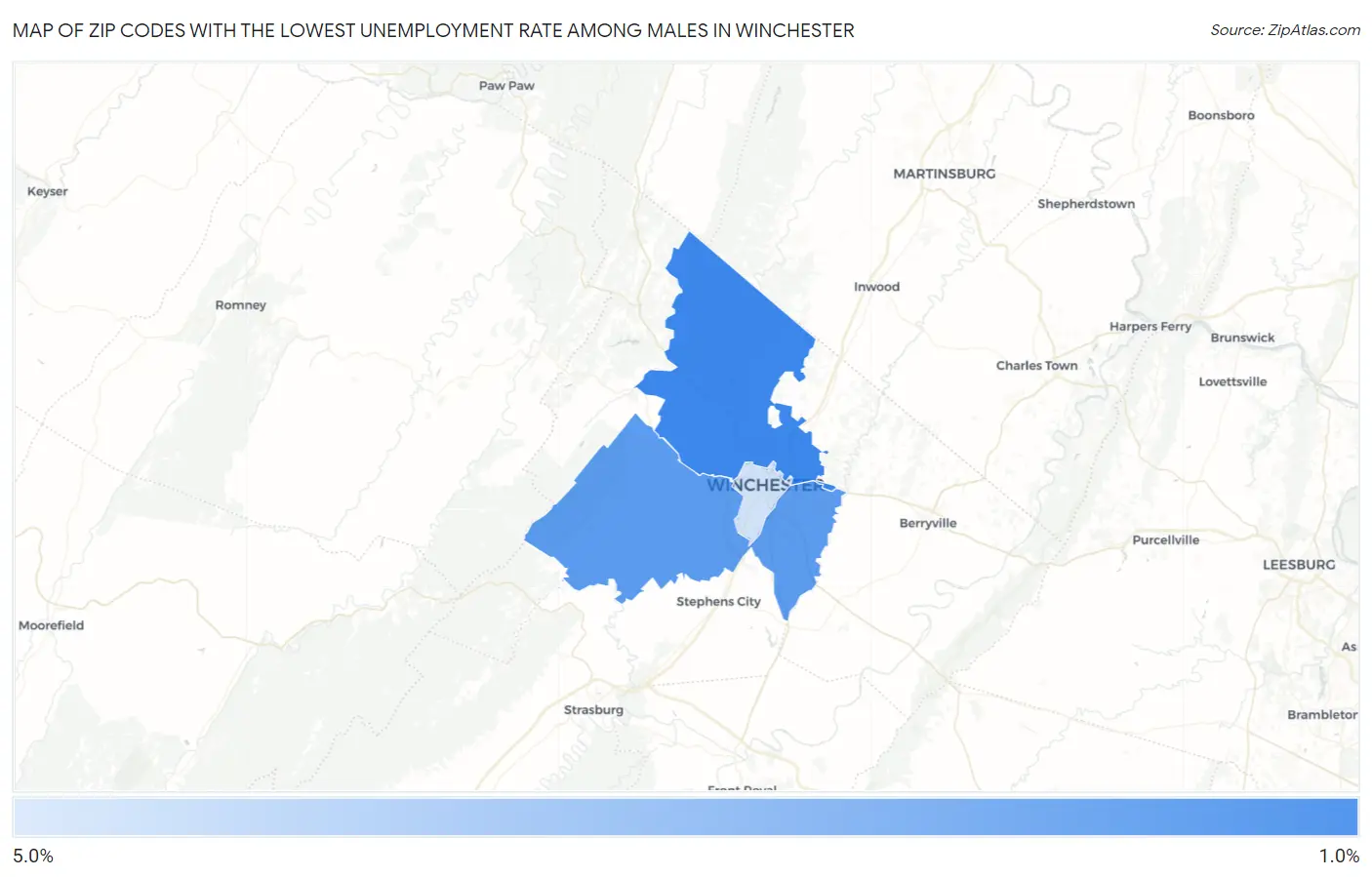 Zip Codes with the Lowest Unemployment Rate Among Males in Winchester Map