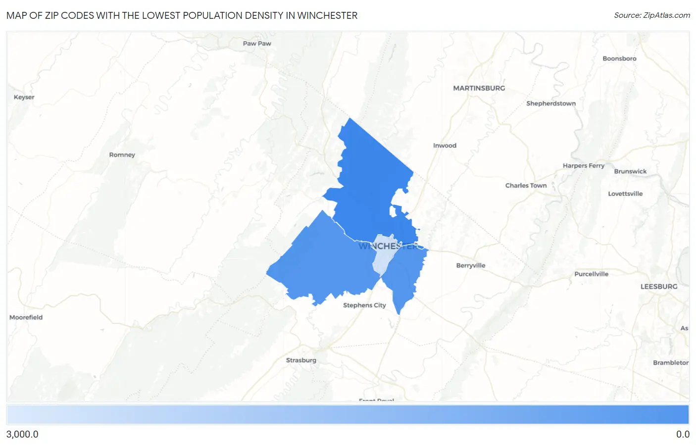 Zip Codes with the Lowest Population Density in Winchester Map