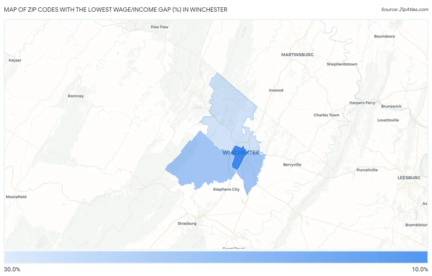 Zip Codes with the Lowest Wage/Income Gap (%) in Winchester Map