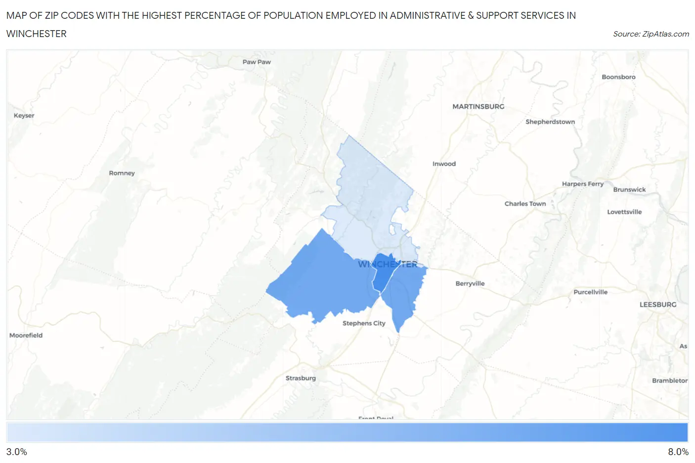 Zip Codes with the Highest Percentage of Population Employed in Administrative & Support Services in Winchester Map