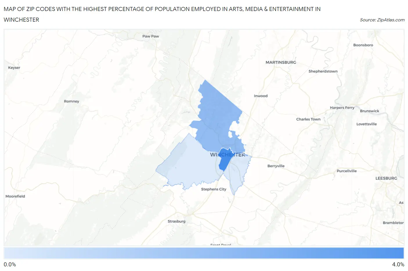 Zip Codes with the Highest Percentage of Population Employed in Arts, Media & Entertainment in Winchester Map