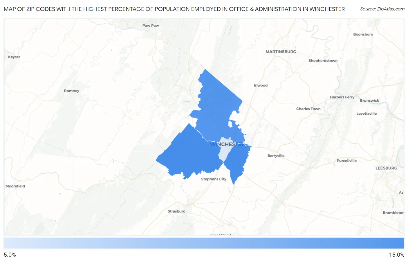 Zip Codes with the Highest Percentage of Population Employed in Office & Administration in Winchester Map