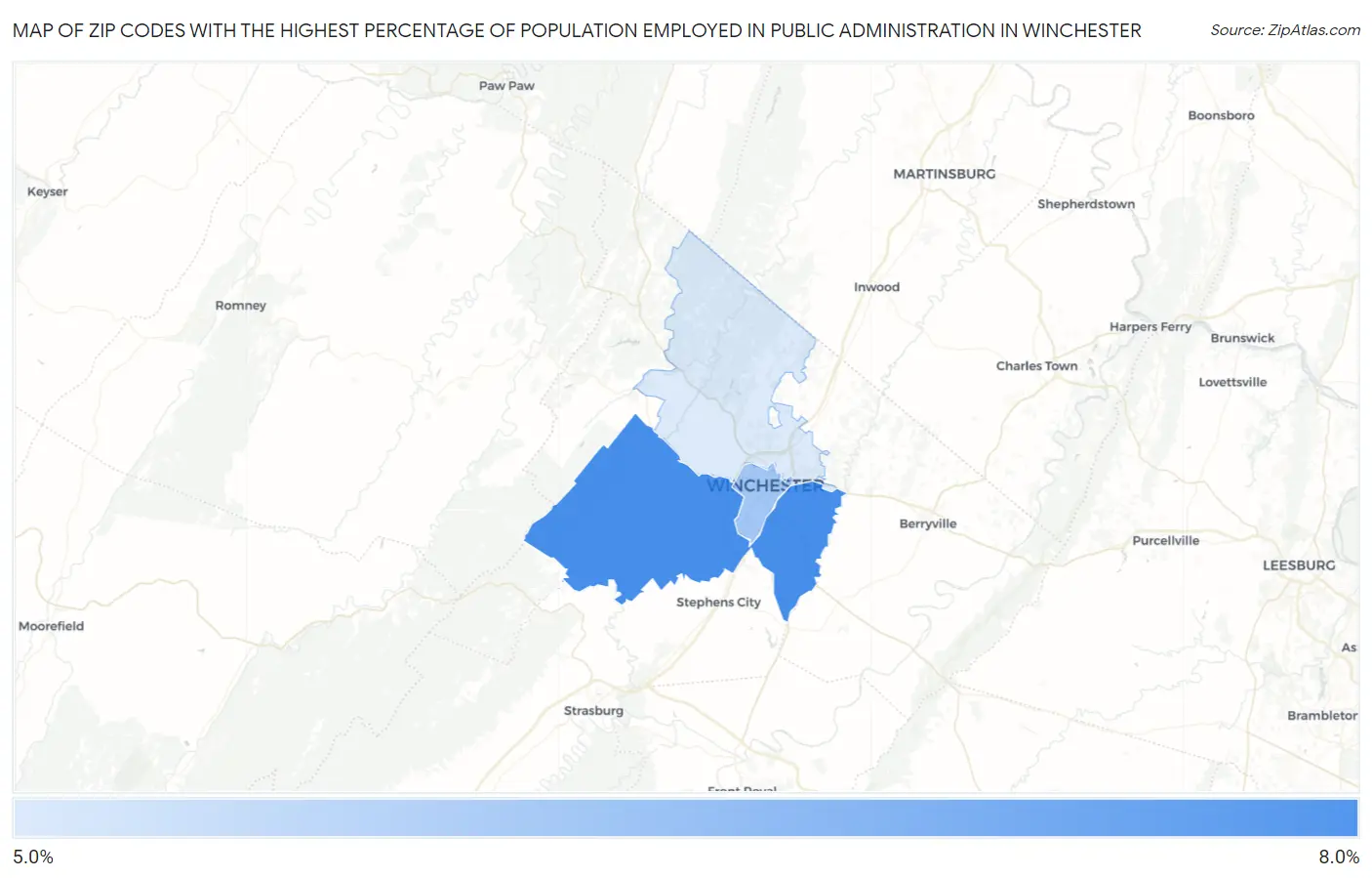 Zip Codes with the Highest Percentage of Population Employed in Public Administration in Winchester Map