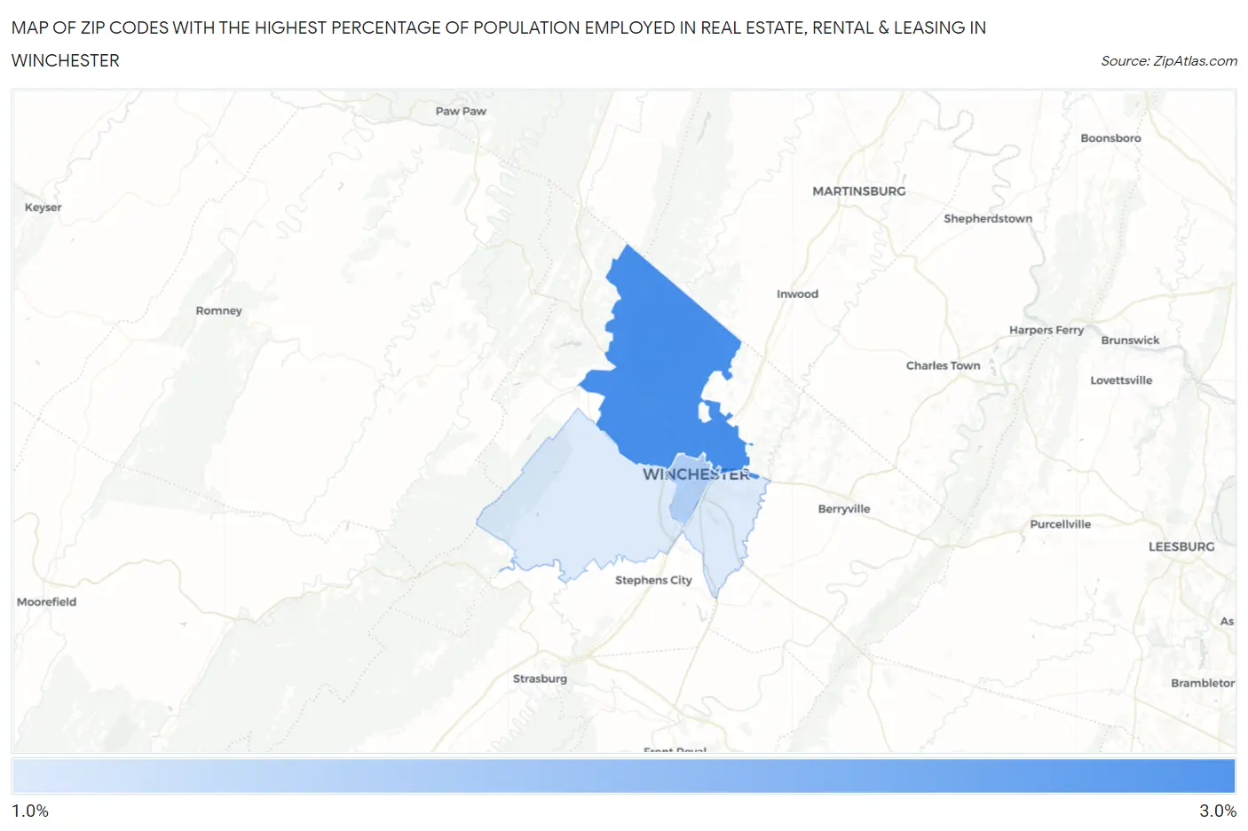 Zip Codes with the Highest Percentage of Population Employed in Real Estate, Rental & Leasing in Winchester Map