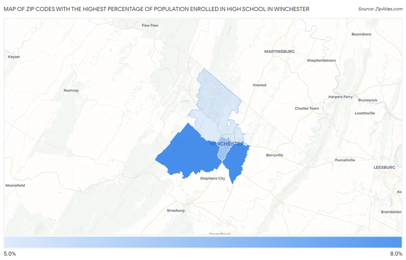 Zip Codes with the Highest Percentage of Population Enrolled in High School in Winchester Map