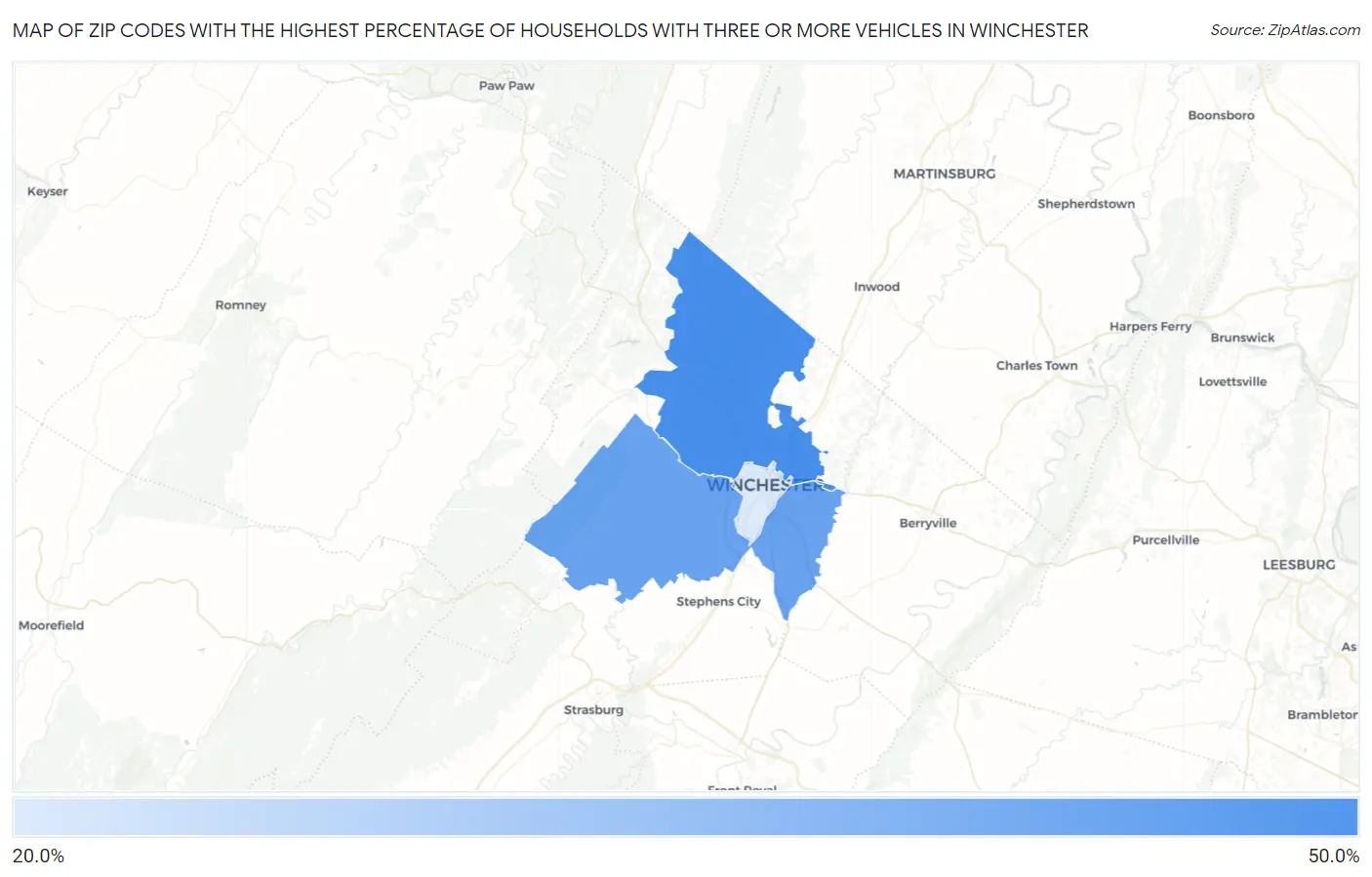 Zip Codes with the Highest Percentage of Households With Three or more Vehicles in Winchester Map