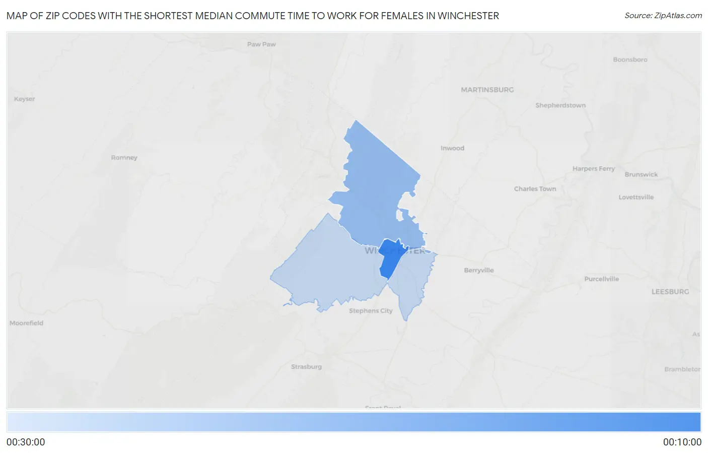 Zip Codes with the Shortest Median Commute Time to Work for Females in Winchester Map