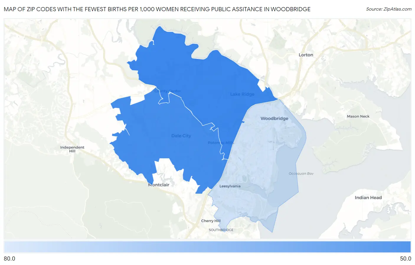 Zip Codes with the Fewest Births per 1,000 Women Receiving Public Assitance in Woodbridge Map