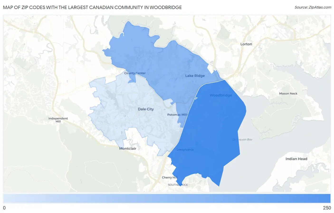 Zip Codes with the Largest Canadian Community in Woodbridge Map