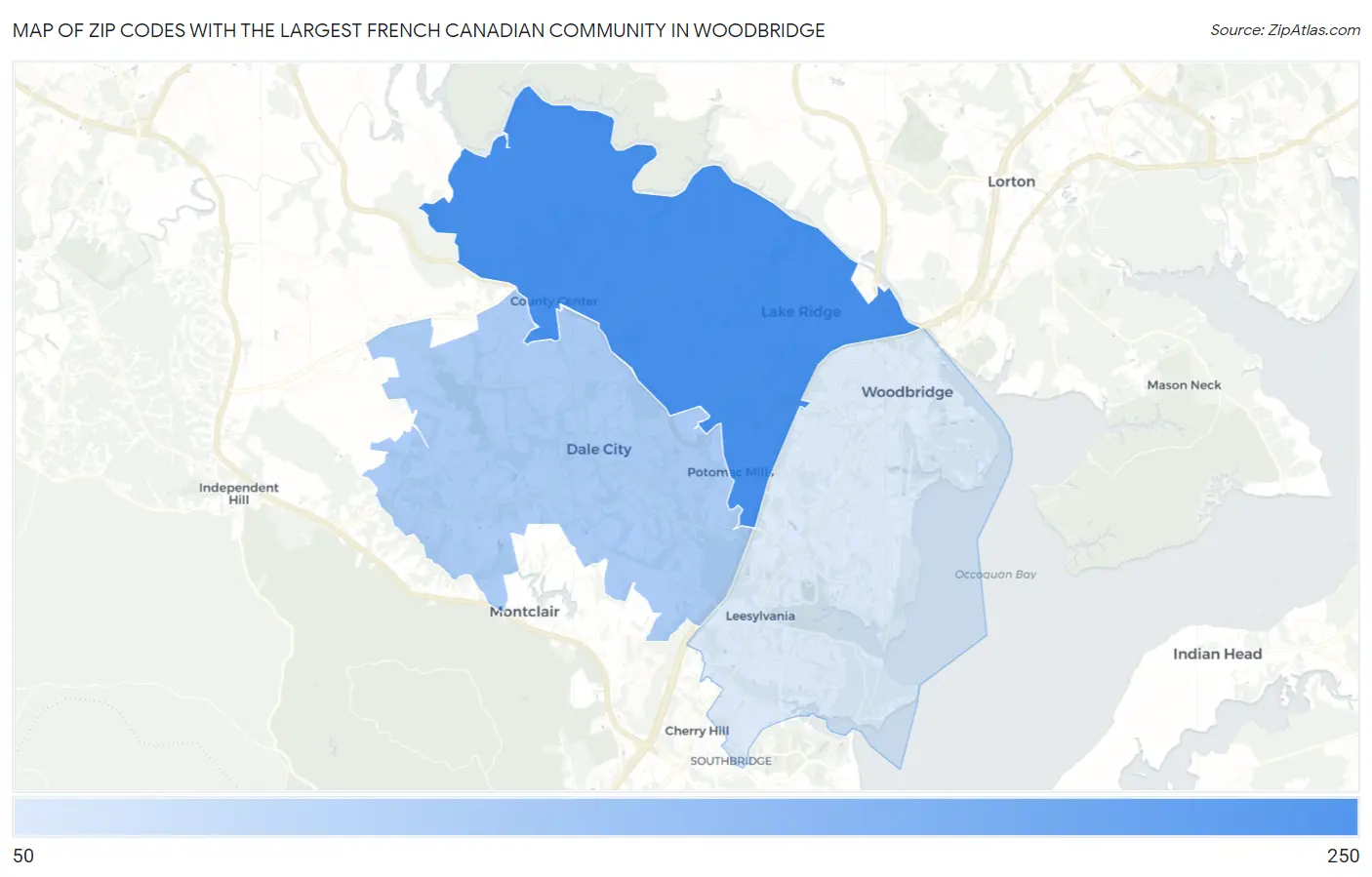 Zip Codes with the Largest French Canadian Community in Woodbridge Map