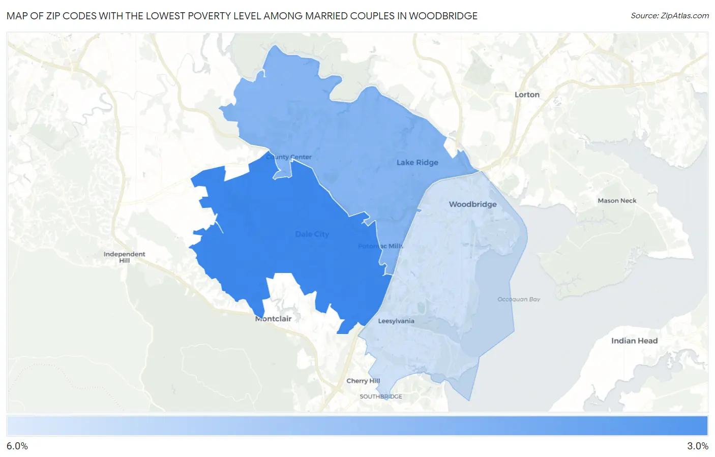 Zip Codes with the Lowest Poverty Level Among Married Couples in Woodbridge Map