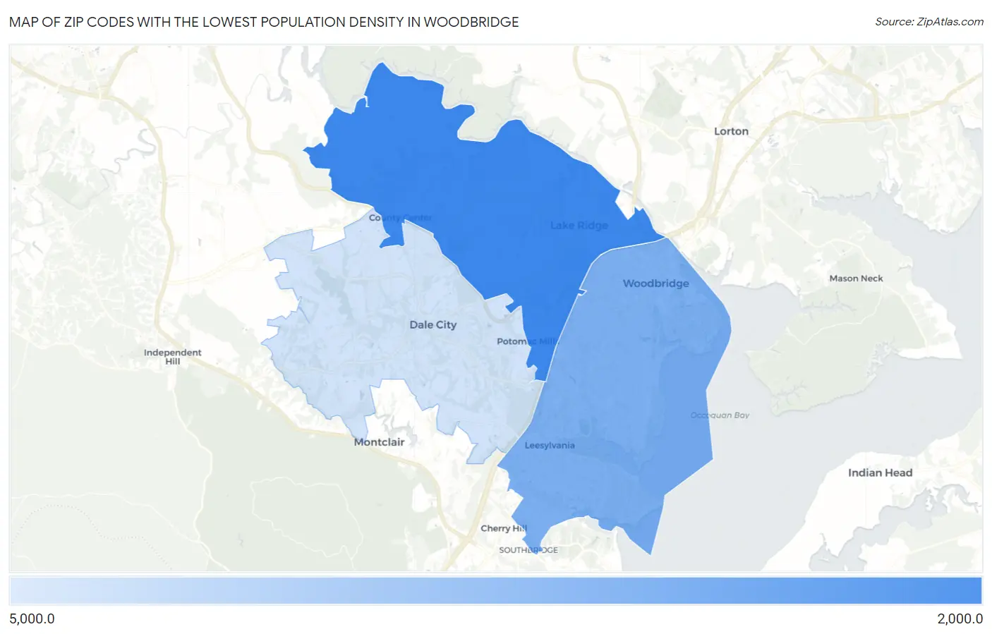 Zip Codes with the Lowest Population Density in Woodbridge Map