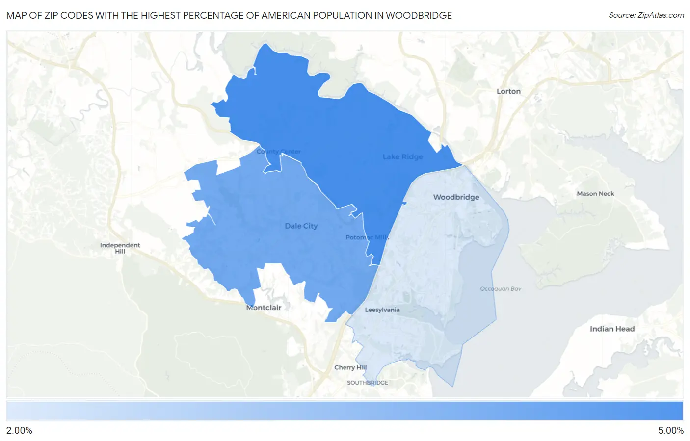 Zip Codes with the Highest Percentage of American Population in Woodbridge Map