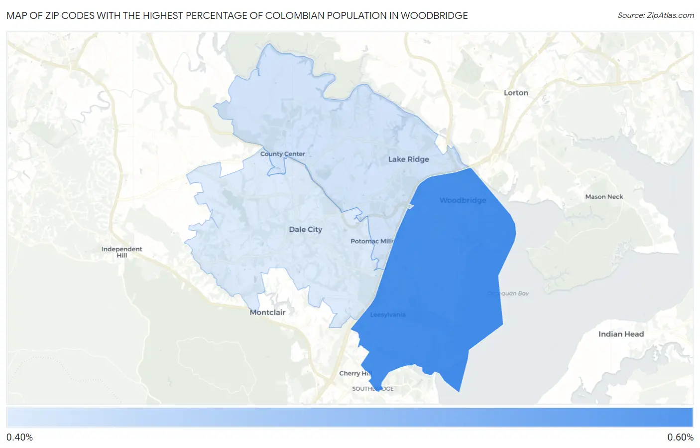 Zip Codes with the Highest Percentage of Colombian Population in Woodbridge Map