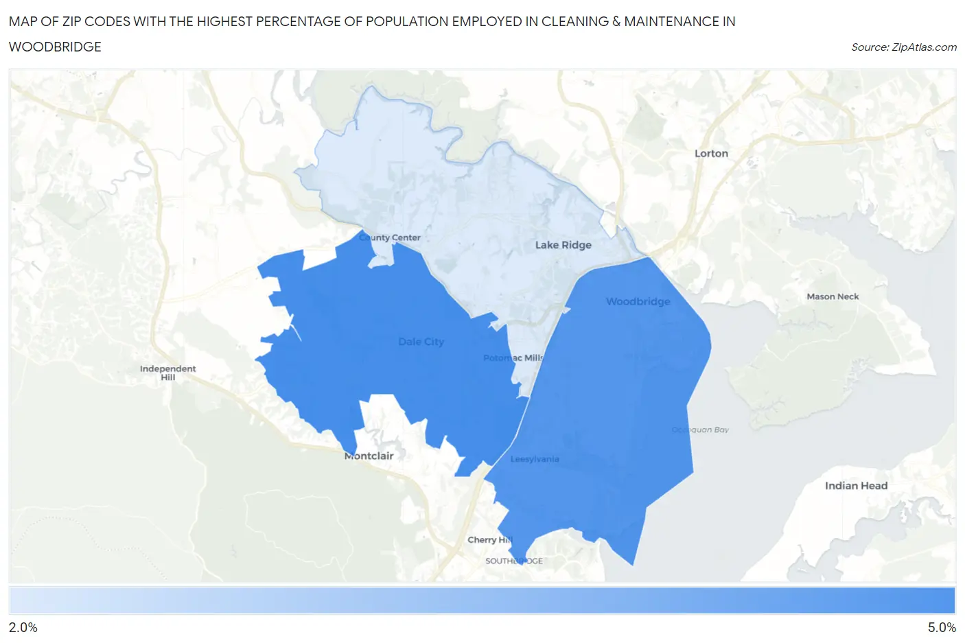 Zip Codes with the Highest Percentage of Population Employed in Cleaning & Maintenance in Woodbridge Map