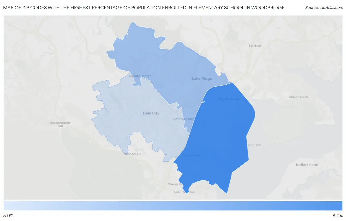 Zip Codes with the Highest Percentage of Population Enrolled in Elementary School in Woodbridge Map