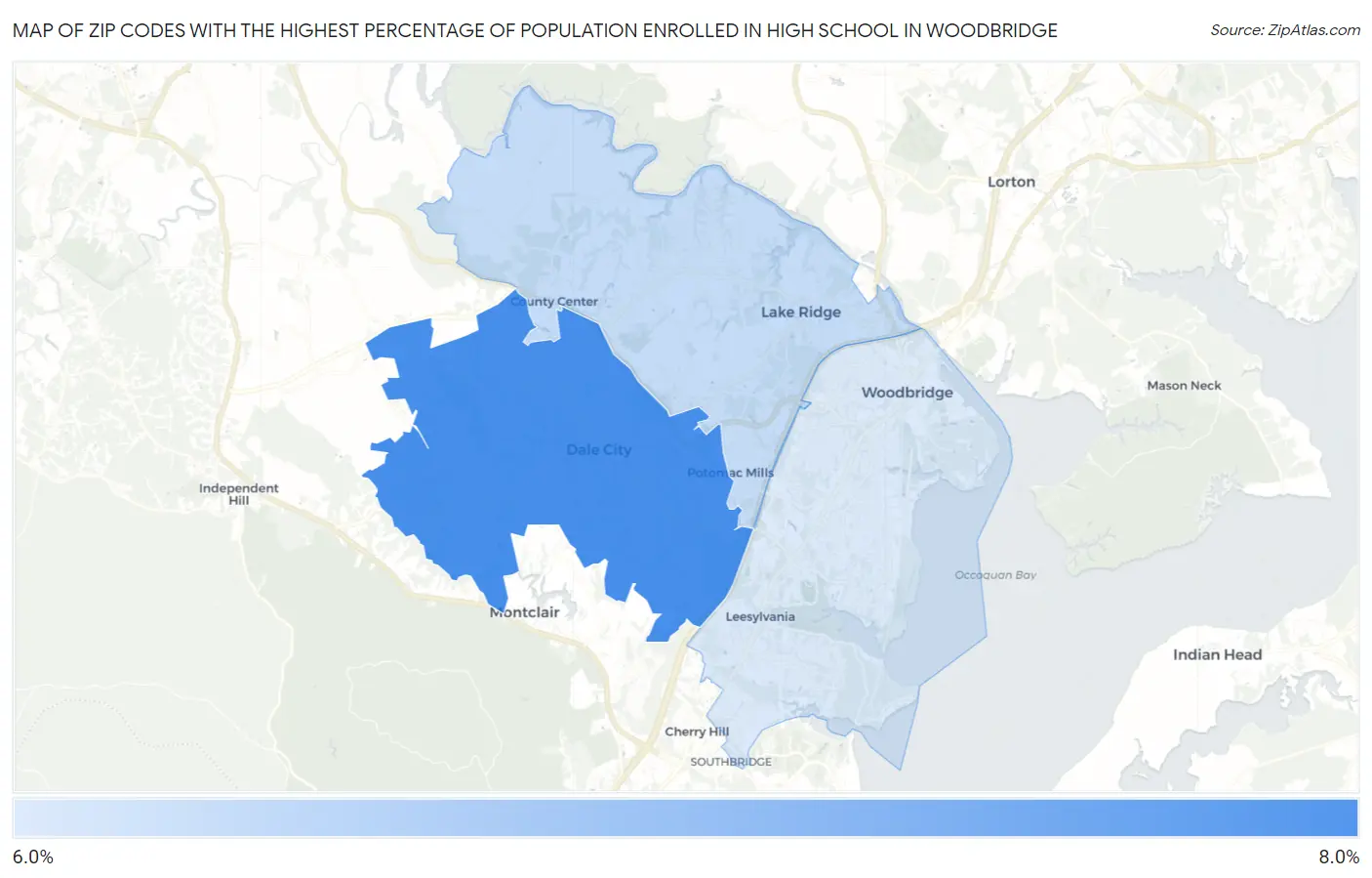 Zip Codes with the Highest Percentage of Population Enrolled in High School in Woodbridge Map