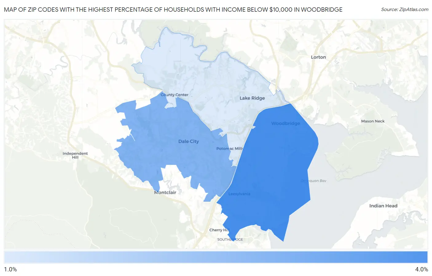 Zip Codes with the Highest Percentage of Households with Income Below $10,000 in Woodbridge Map