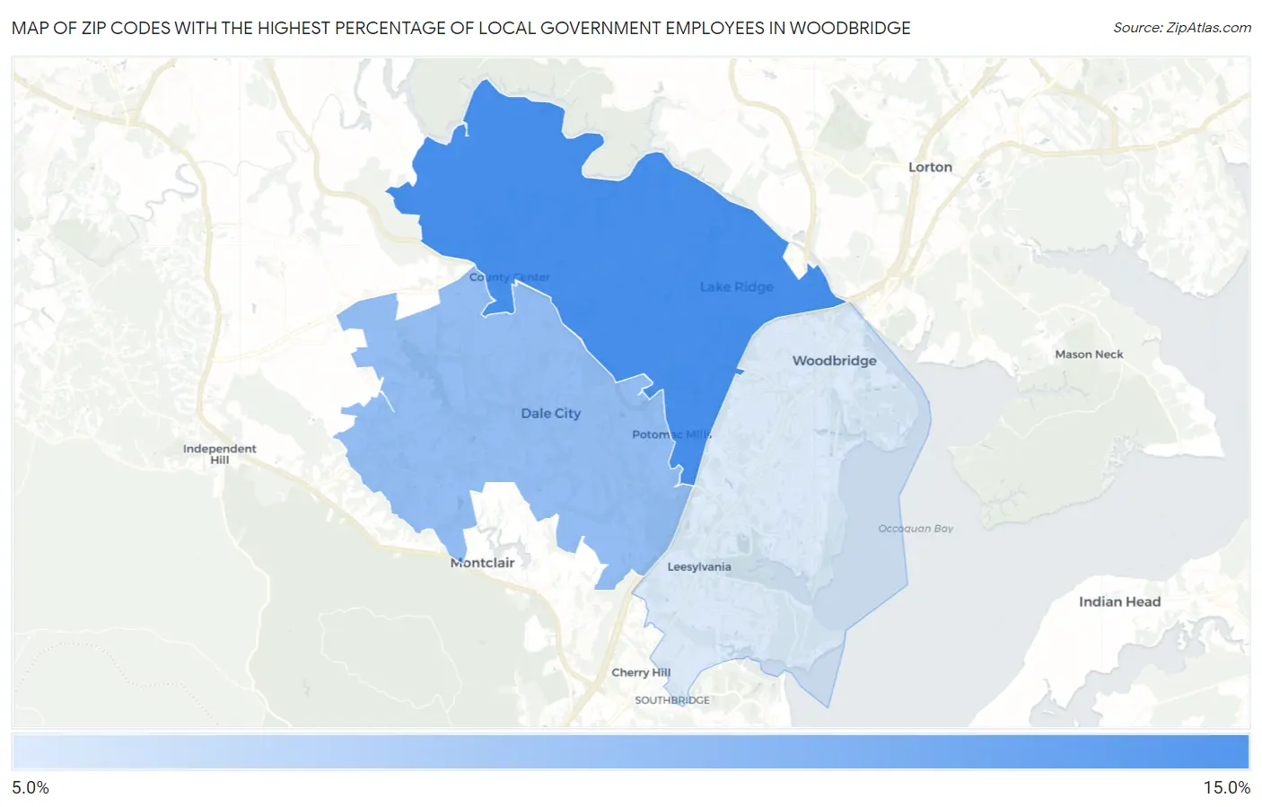 Zip Codes with the Highest Percentage of Local Government Employees in Woodbridge Map