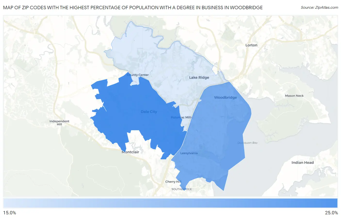 Zip Codes with the Highest Percentage of Population with a Degree in Business in Woodbridge Map