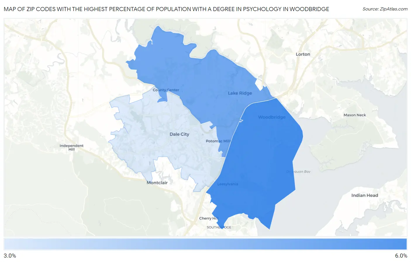 Zip Codes with the Highest Percentage of Population with a Degree in Psychology in Woodbridge Map