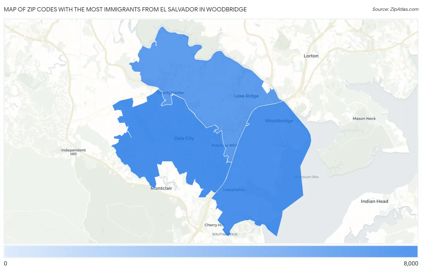 Zip Codes with the Most Immigrants from El Salvador in Woodbridge Map