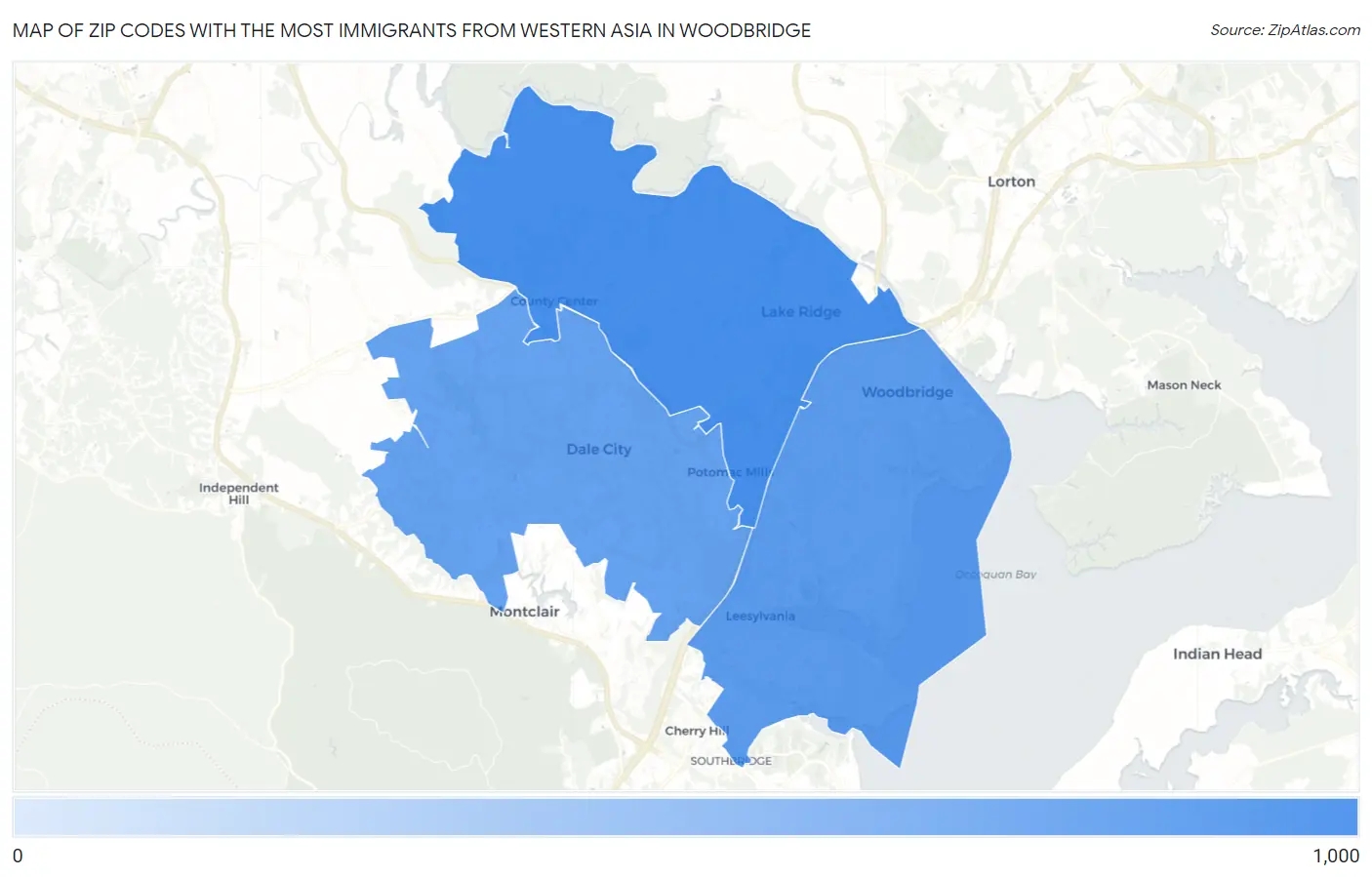 Zip Codes with the Most Immigrants from Western Asia in Woodbridge Map
