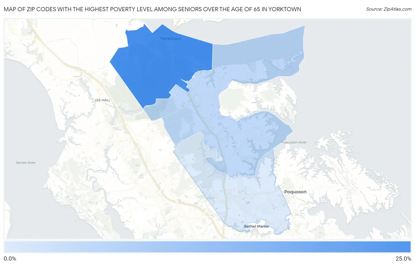 Zip Codes with the Highest Poverty Level Among Seniors Over the Age of 65 in Yorktown Map