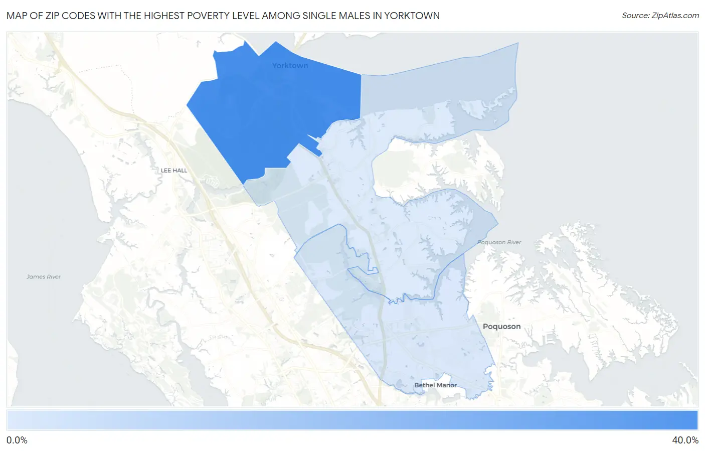 Zip Codes with the Highest Poverty Level Among Single Males in Yorktown Map